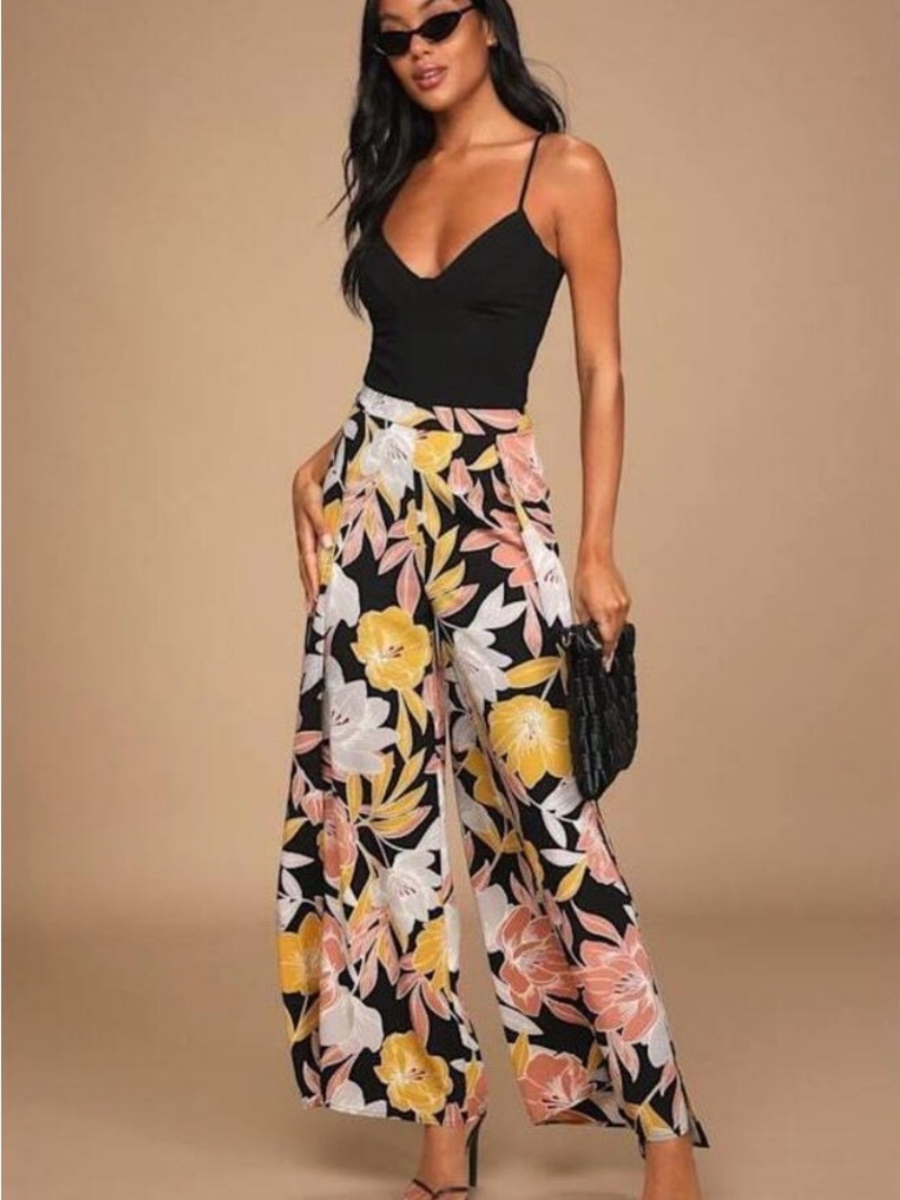 Lulus Blissful Vacay Black Floral Print Side Slit Pants